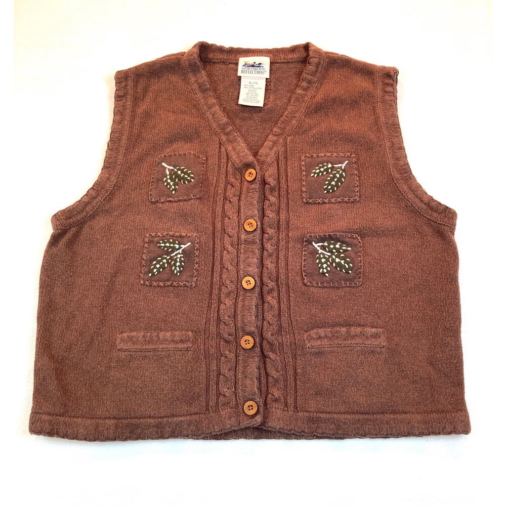 Northern Reflections Knit Vest Leaves Pockets Button-Up Vintage  XL